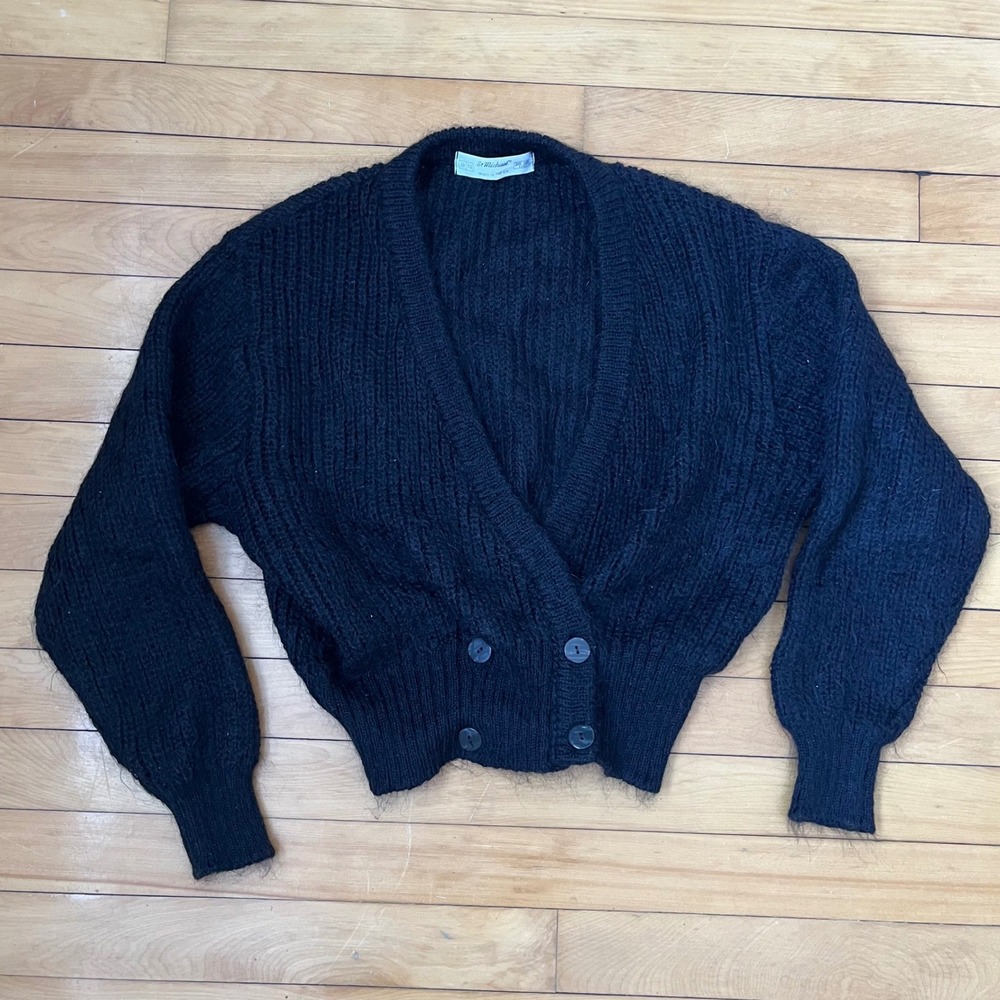 VTG St Michael Mohair Cropped Cardigan Black Double Breasted UK 8 10 / EUR 36 38